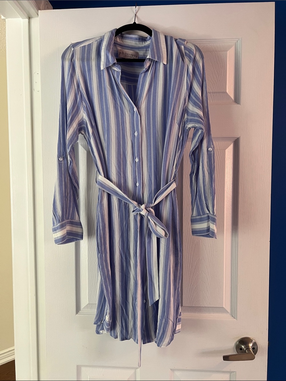 Philosophy Striped Blue & White Midi Shirt Dress with Tie Waist and Pockets